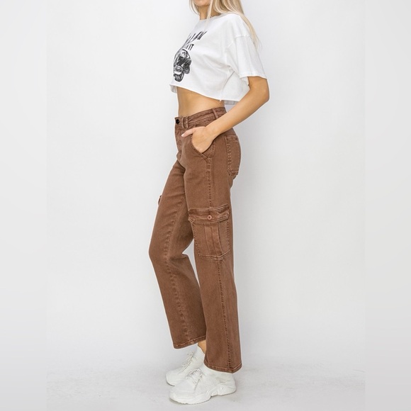 NWT RISEN PLUS + REG Size Espresso Brown High Rise Straight Leg 90s Cargo Jeans - Picture 9 of 10